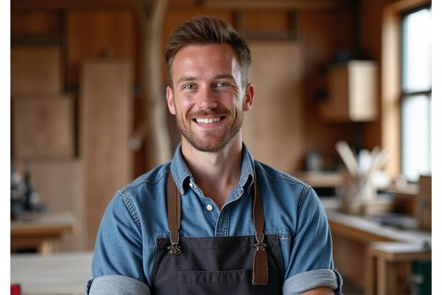 Portret van Bas van der Heijden, oprichter van EikenHart Creatie, glimlachend in zijn werkplaats omgeven door houten meubels.