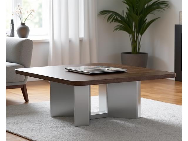 Hedendaagse designtafel met houten blad en RVS onderstel