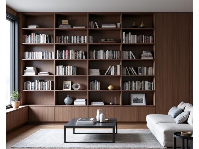 Moderne, op maat gemaakte boekenwand in woonkamer